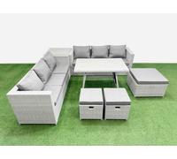 Fimous Rattan Garden Furniture Dining Set 9 seater Patio Rectangular Table 3 Seater Sofa Set with Side Table 3 Stools Light Grey