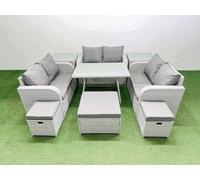 Fimous Rattan Garden Furniture Dining Set 9 seater Patio Rectangular Table Love Sofa Set with 2 Side Tables 3 Stools