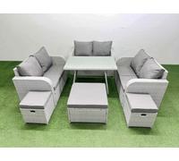 Fimous Rattan Garden Furniture Dining Set 9 seater Patio Rectangular Table Love Sofa Set with 3 Stools