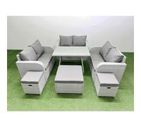 Fimous Rattan Garden Furniture Dining Set 9 seater Patio Rectangular Table Love Sofa Set with 3 Stools