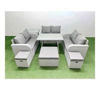 Fimous Rattan Garden Furniture Dining Set 9 seater Patio Rectangular Table Love Sofa Set with Side Table 3 Stools