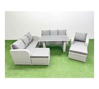 Fimous Rattan Garden Furniture Dining Set 9-seater Patio Rectangular Table Sofa Set with 2 Big Stools Light Grey