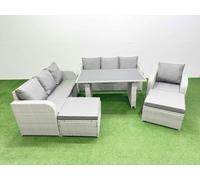 Fimous Rattan Garden Furniture Dining Set 9 seater Patio Rectangular Table Sofa Set with 2 Big Stools Light Grey