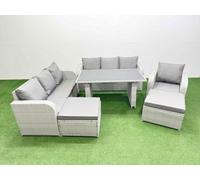 Fimous Rattan Garden Furniture Dining Set 9-Seater Patio Rectangular Table Sofa Set With 2 Big Stools Light Grey