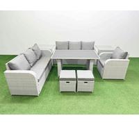 Fimous Rattan Garden Furniture Dining Set 9 seater Patio Rectangular Table Sofa Set with 2 Side Tables 2 Small Stools Light Grey
