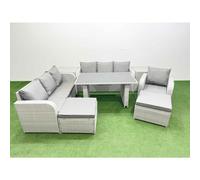 Fimous Rattan Garden Furniture Dining Set 9-seater Patio Rectangular Table Sofa Set with 2 Side Tables 2 Big Stools Light Grey