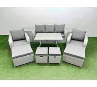 Fimous Rattan Garden Furniture Dining Set 9 seater Patio Rectangular Table Sofa Set with 2 Side Tables 4 Stools Light Grey