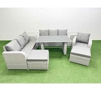 Fimous Rattan Garden Furniture Dining Set 9-Seater Patio Rectangular Table Sofa Set With 2 Side Tables 2 Big Stools Light Grey
