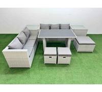 Fimous Rattan Garden Furniture Dining Set 9-seater Patio Rectangular Table Sofa Set with 2 Side Tables 3 Stools Light Grey