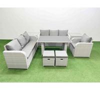 Fimous Rattan Garden Furniture Dining Set 9-Seater Patio Rectangular Table Sofa Set With 2 Side Tables 2 Small Stools Light Grey