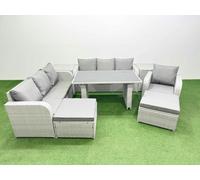 Fimous Rattan Garden Furniture Dining Set 9 seater Patio Rectangular Table Sofa Set with 2 Side Tables 2 Big Stools Light Grey
