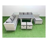 Fimous Rattan Garden Furniture Dining Set 9 seater Patio Rectangular Table Sofa Set with 2 Side Tables 3 Stools Light Grey