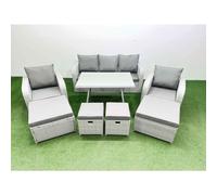 Fimous Rattan Garden Furniture Dining Set 9-seater Patio Rectangular Table Sofa Set with 4 Stools Light Grey