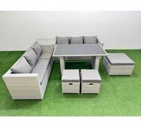 Fimous Rattan Garden Furniture Dining Set 9-Seater Patio Rectangular Table Sofa Set With Side Table 3 Stools Light Grey