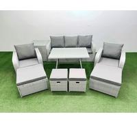 Fimous Rattan Garden Furniture Dining Set 9 seater Patio Rectangular Table Sofa Set with Side Table 4 Stools Light Grey