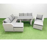 Fimous Rattan Garden Furniture Dining Set 9-Seater Patio Rectangular Table Sofa Set With Side Table 2 Big Stools Light Grey