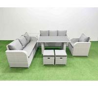 Fimous Rattan Garden Furniture Dining Set 9-seater Patio Rectangular Table Sofa Set with Side Table 2 Small Stools Light Grey