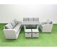 Fimous Rattan Garden Furniture Dining Set 9-Seater Patio Rectangular Table Sofa Set With Side Table 2 Small Stools Light Grey