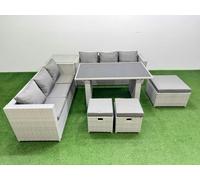 Fimous Rattan Garden Furniture Dining Set 9 seater Patio Rectangular Table Sofa Set with Side Table 3 Stools Light Grey