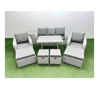 Fimous Rattan Garden Furniture Dining Set 9 seater Patio Rectangular Table Sofa Set with Side Table 4 Stools Light Grey