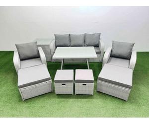 Fimous Rattan Garden Furniture Dining Set 9-Seater Patio Rectangular Table Sofa Set With Side Table 4 Stools Light Grey
