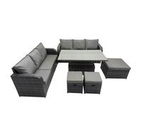 Fimous Rattan Garden Furniture Dining Set 9 seater Patio Height Adjustable Rising Lifting Table Sofa Set with 3 Footstools Dark Grey Mixed