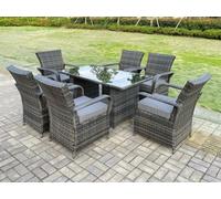 Fimous Rattan Garden Furniture Dining Table And Chairs Set Pe Wicker Patio 6 Chairs Plus Black Tempered Glass Rectangular Table