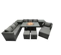 Fimous Rattan Garden Furniture Fire Pit Dining Set 10 Seater Lounge Sofa Table Set with 2 side table 3 Footstool