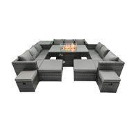 Fimous Rattan Garden Furniture Firepit Dining Set 13 Seater Lounge Sofa Firepit Dining Table Set with 4 Footstools Side Tables