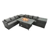 Fimous Rattan Garden Furniture Firepit Dining Set 6 Seater Lounge Sofa Table Set with 2 Side Tables in Dark Grey Fimous Dark Grey
