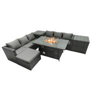 Rattan Garden Furniture Firepit Dining Set 6 Seater Lounge Sofa Table Set with 2 Side Tables Footstool Fimous Dark Grey One Size