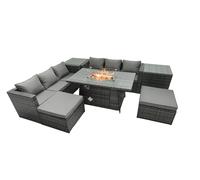 Fimous Rattan Garden Furniture Firepit Dining Set 6 Seater Lounge Sofa Table Set with 2 Side Tables 2 Footstool