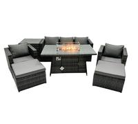 Fimous Rattan Garden Furniture Fire Pit Dining Set 7 Seater Lounge Sofa Table Set with Side table 2 big Footstool