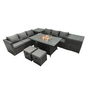 Fimous Rattan Garden Furniture Fire Pit Dining Set 8 Seater Lounge Sofa Table Set with 2 Small Footstools