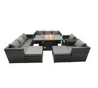 Fimous Rattan Garden Furniture Firepit Dining Set 10 Seater Lounge Sofa Table Set with 2 big Footstool in Dark Grey Fimous Dark Grey
