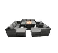 Fimous Rattan Garden Furniture Firepit Dining Set 10 Seater Lounge Sofa Table Set with 2 big Footstool