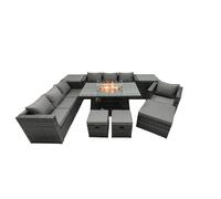 Fimous Rattan Garden Furniture Fire Pit Dining Set 10 Seater Lounge Sofa Table Set with 2 side table 3 Footstool