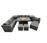 Fimous Rattan Garden Furniture Fire Pit Dining Set 10 Seater Lounge Sofa Table Set with 2 side table 3 Footstool