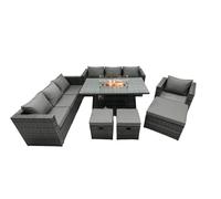 Fimous Rattan Garden Furniture Firepit Dining Set 10 Seater Lounge Sofa Table Set with 3 Footstool in Dark Grey Fimous Dark Grey
