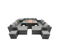 Fimous Rattan Garden Furniture Firepit Dining Set 13 Seater Lounge Sofa Firepit Dining Table Set with 4 Footstools Side Tables
