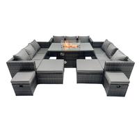 Fimous Rattan Garden Furniture Firepit Dining Set 13 Seater Lounge Sofa Table Set with 4 Footstools