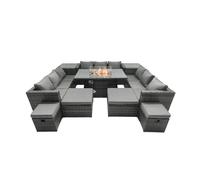 Fimous Rattan Garden Furniture Firepit Dining Set 13 Seater Lounge Sofa Table Set with 4 Footstools 2 Side Tables