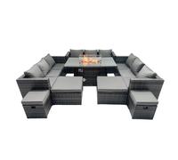 Fimous Rattan Garden Furniture Firepit Dining Set 13 Seater Lounge Sofa Table Set with 4 Footstools