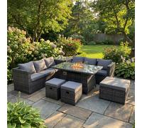 Fimous 6 Seater Rattan Garden Furniture Dining Set with Fire Pit Table, Corner Sofa, Side Table, 3 Footstools - Dark Grey