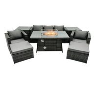 Fimous Rattan Garden Furniture Firepit Dining Set 7 Seater Lounge Sofa Table Set with 2 Side table 2 big Footstool