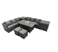 Fimous Rattan Garden Furniture Fire Pit Dining Set 8 Seater Lounge Sofa Table Set with 2 Small Footstools