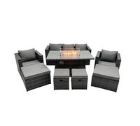 Rattan Garden Furniture Firepit Dining Set 9 Seater Lounge Sofa Table Set with 2 big Footstool Fimous Dark Grey One Size