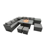 Fimous 9 Seater Rattan Garden Furniture Set with Fire Pit Dining Table, 2 Sofas, 2 Side Tables & 3 Footstools - Dark Grey