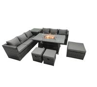 Rattan Garden Furniture Firepit Dining Set 6 Seater Lounge Sofa Table Set with Side Table 3 Footstool Fimous Dark Grey One Size