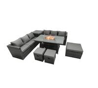 Fimous 6 Seater Rattan Garden Furniture Dining Set with Fire Pit Table, Corner Sofa, Side Table, 3 Footstools - Dark Grey